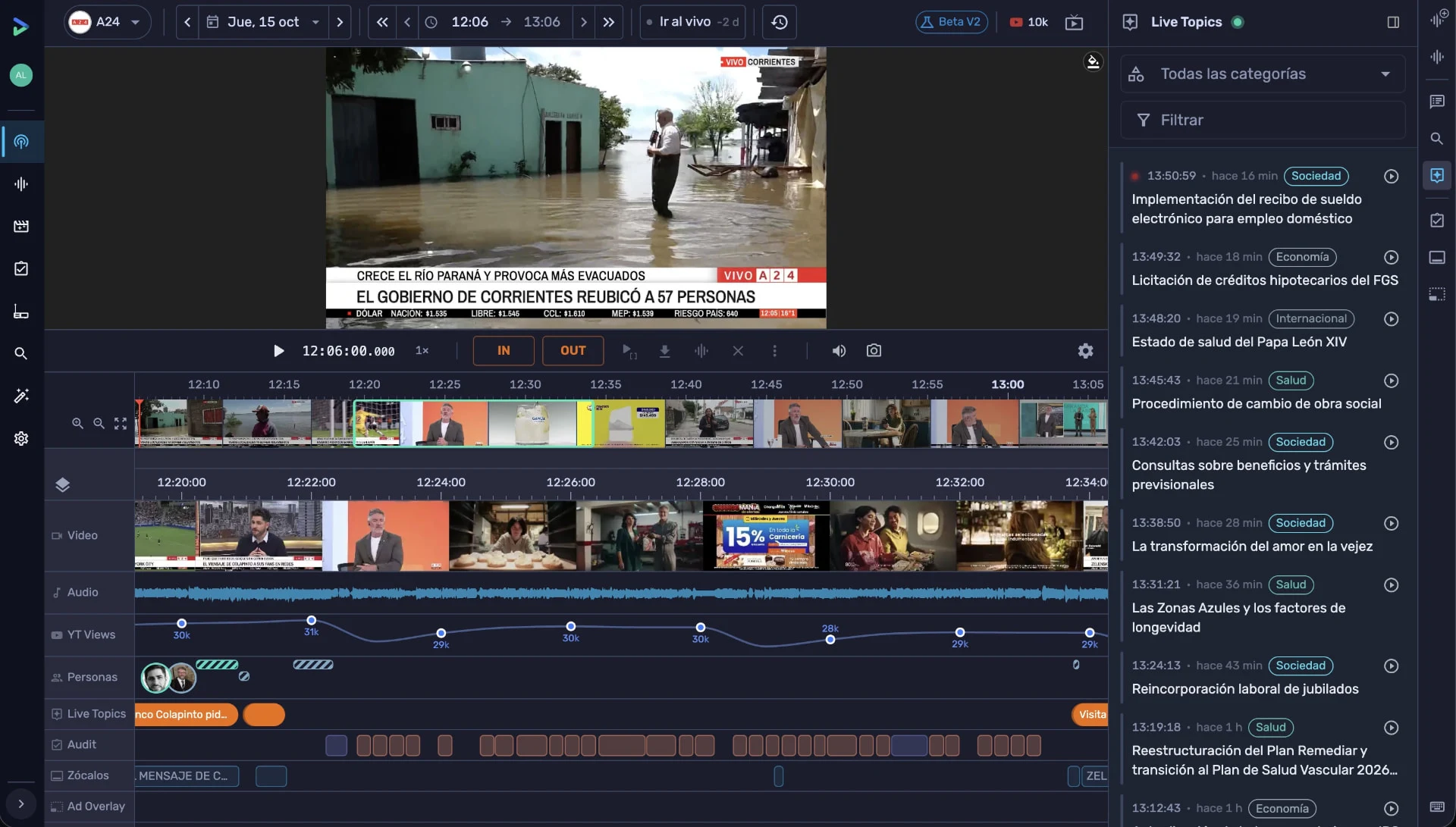 Interfaz del Logger de Mediainbox con video, audio, personas, temas en vivo y auditoría en una línea de tiempo