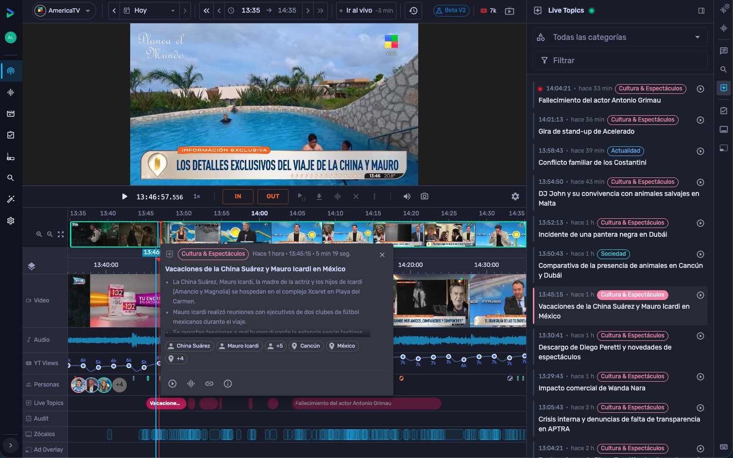Logger de TV en Mediainbox con línea de tiempo y Live Topics detectando temas en vivo